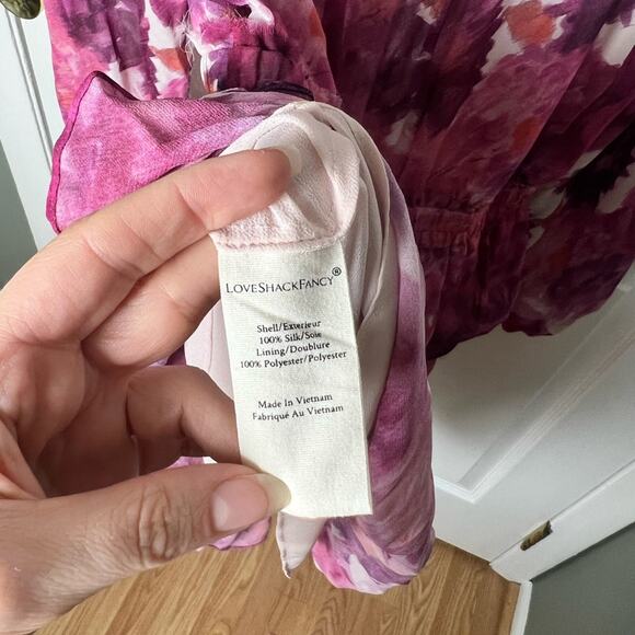 LoveShackFancy Silk Pink Smocked Waist V Neck Frill Popover Floral Mini Dress L - Picture 10 of 10